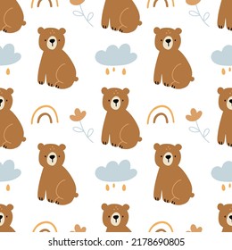 Nursery Seamless Pattern With A Cute Bear, Rainbow And Clouds, Boho Woodland Animals