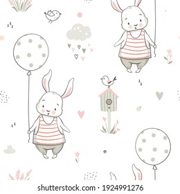 Nursery seamless pattern with cute bunny and air baloon.Cute vector texture for kids bedding, fabric, wallpaper, wrapping paper, textile, t-shirt print