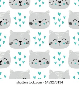 Nursery seamless pattern with cute cat. Scandinavian style.Vector design for wrapping paper, textile. 
