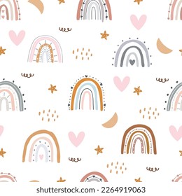 Nursery seamless pattern with cute characters. Rainbow with hearts, hand drawn in cartoon style. design for Newborn apparel, textiles and wallpaper