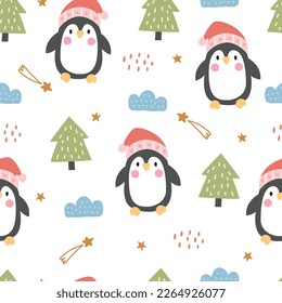 Nursery seamless pattern with cute characters. Penguin and Christmas tree hand drawn in cartoon style design for Newborn apparel, textiles and wallpaper