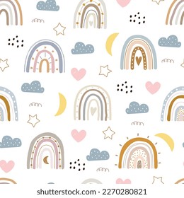 Nursery seamless pattern with cute characters. Rainbow with hearts, hand drawn in cartoon style. design for Newborn apparel, textiles and wallpaper