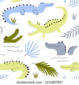 Nursery seamless pattern with cute crocodiles. Vector illustration for fabric, packaging, textile, wallpaper, apparel.