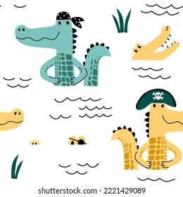 Nursery seamless pattern with cute crocodiles. Vector illustration for fabric, packaging, textile, wallpaper, apparel.