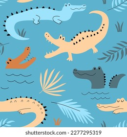 Nursery seamless pattern with cute crocodiles. Vector illustration for fabric, packaging, textile, wallpaper, apparel.