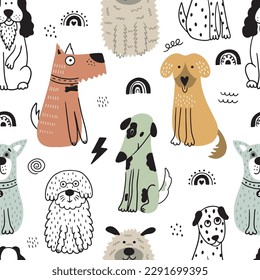 Patrón sin fisuras de guardería con perros lindos. Las mascotas con doodle en un fondo blanco. Se puede usar para papel pintado, ropa, papel. 