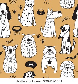 Nursery nahtlose Muster mit süßen Hunden. Doodle Haustiere mit Pfoten, Sprechblase, Kragen. Es kann für Tapeten, Bekleidung, Papier verwendet werden. 