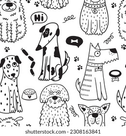 Nursery seamless pattern with cute dogs. Doodle pets on a white background. It can be used for wallpaper, apparel, paper. 