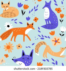 Nursery seamless pattern with cute foxes and flowers. Vector illustration for fabric, packaging, textile, wallpaper, apparel.