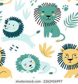 Nahtlose Nurserie-Muster mit süßen Löwen. Vektorgrafik im trendigen Flachstil für Stoff, Verpackung, Textilien, Tapeten.
