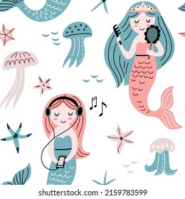 Nursery seamless pattern with cute little mermaid, sea stars, jellyfish. Vector illustration for fabric, packaging, textile, wallpaper, apparel.