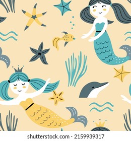 Nursery seamless pattern with cute little mermaid, sea stars, fish, corals. Vector illustration for fabric, packaging, textile, wallpaper, apparel.