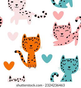 Nursery seamless pattern with cute little leopard and hearts. Vector illustration for fabric, packaging, textile, wallpaper, apparel.