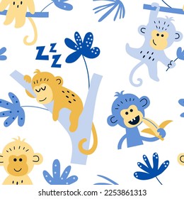 Nursery seamless pattern with cute monkeys and tropical plants. Vector illustration for fabric, packaging, textile, wallpaper, apparel.