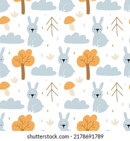 Nursery Seamless Pattern With A Cute Rabbit, Boho Woodland Animals