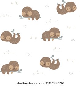 Nursery seamless pattern with cute sloth. Childish pattern for fabric, wrapping, clothing, textile, wallpaper, pajamas, kids apparel, beddings. Vector
