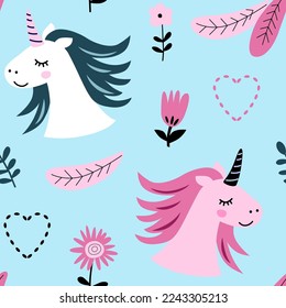 Nursery seamless pattern with cute unicorn, flowers and hearts. Vector illustration for fabric, packaging, textile, wallpaper, apparel.
