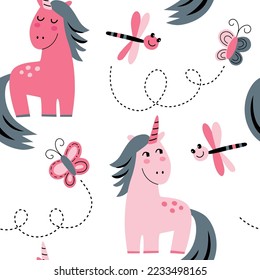 Nursery patrón sin fisuras con unicornios bonitos, mariposas y libélulas. Ilustración vectorial para tela, embalaje, textil, papel pintado, prendas de vestir.