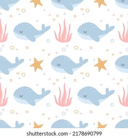 Nursery seamless pattern with a cute whale and starfish, sea animals
