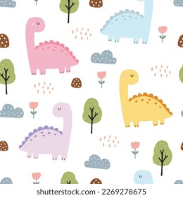 Nursery seamless pattern dinosaur with the tree. hand-drawn design in cartoon style design for Newborn apparel, textiles, and wallpaper