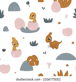 Nursery seamless pattern with сute dinosaurs. Childish pattern for fabric, wrapping, clothing, textile, wallpaper, pajamas, kids apparel, beddings