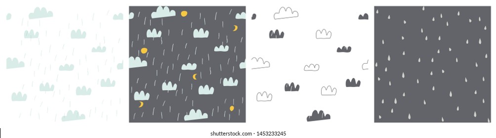 nursery seamless pattern fabric collection with raindrops, clouds and moon illustrations in doodle style on white and dark grey background 
