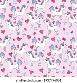 Nursery seamless pattern. Fantasy pattern with rainbow unicorns, flowers, comets and stars. Colorful bright vector background.