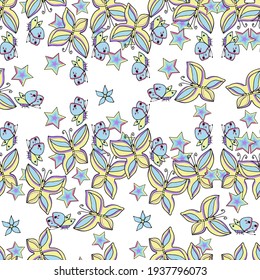 Nursery seamless pattern. Fantasy pattern with rainbow unicorns, flowers, comets and stars. Colorful bright vector background.