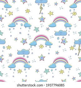 Nursery seamless pattern. Fantasy pattern with rainbow unicorns, flowers, comets and stars. Colorful bright vector background.