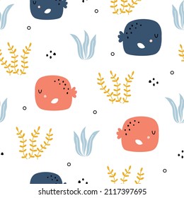 Nursery seamless pattern fish and coral hand drawn cartoon background Use for prints, decorative wallpaper, textiles Vector Illustration