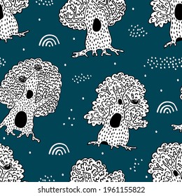 Nursery seamless pattern with forest of singing trees on dark background. Animal forest houses in thick tree trunks. Bird nest on branch. Vector texture for woodland baby covers. Wildlife illustration