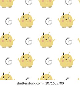 Nursery Seamless pattern with funny cute monster dinosaur alien Martien yellow black color kids in scandinavian style