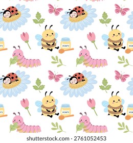 Nursery seamless pattern with funny honey bee, caterpillar and ladybug on flowers. Colorful spring background with insects