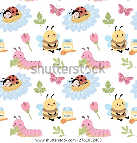 Nursery seamless pattern with funny honey bee, caterpillar and ladybug on flowers. Colorful spring background with insects