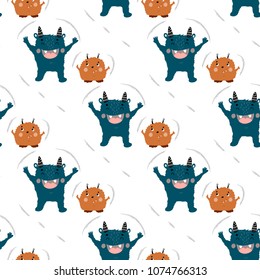 Nursery Seamless pattern with hand drawn funny laughing cute monsters in blue and orange brown navi colors with elements stars for kids in scandinavian style on white background