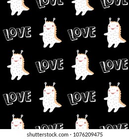Nursery Seamless pattern with hand drawn funny cute monster in white and orange colors and lettering Love in Scandinavian style on black background