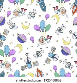 Nursery seamless pattern. Hand drawn cute little pugs astronauts in space. Puppies, stars, planets, spaceships, rockets.