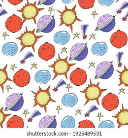 Nursery seamless pattern. Hand drawn  solar system, stars, planets, spaceships, rockets.