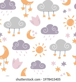 nursery seamless  pattern with hand drawn clouds, sun and moon in scandinavian style for kids apparel, textile prints, bedding, scrapbooking, stationary, wallpaper, wrapping paper, etc.  EPS 10