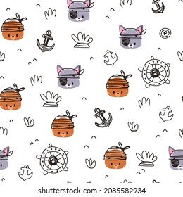 Nursery seamless pattern with hand drawn face animals. Little pirates. Childish pattern for fabric, paper, wrapping, clothing, textile, wallpaper, cards, t-shirt prints, birthday, party invitations
