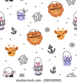 Nursery seamless pattern with hand drawn face animals. Vector marine pattern with little pirates. Childish pattern for fabric, paper, wrapping, clothing, textile, wallpaper, cards, t-shirt prints