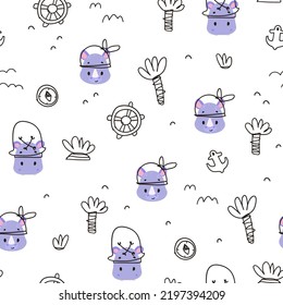 Nursery seamless pattern with hand drawn face rhino, hippo. Little pirates. Childish pattern for fabric, paper, wrapping, clothing, textile, wallpaper, cards, t-shirt prints, birthday