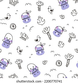 Nursery seamless pattern with hand drawn face rhino, hippo. Little pirates. Childish pattern for fabric, paper, wrapping, clothing, textile, wallpaper, cards, t-shirt prints, birthday