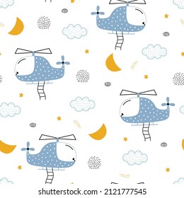 Nursery seamless pattern helicopter floating in the sky Use for prints, wallpaper, textiles, vector illustration