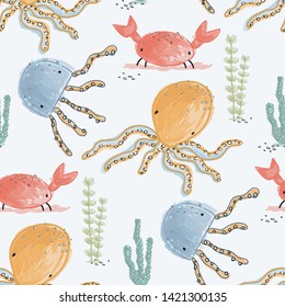 Nursery seamless pattern illustration of colorful sea life creature. Childish simple backdrop for fabric, textile, paper, wallpaper, wrapping, poster and print design with jellyfish, octopus and crab.