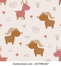 Nursery seamless pattern with jungle animals. Safari pattern. Childish pattern for fabric, wrapping, clothing, textile, wallpaper, pajamas, kids apparel, beddings. Vector