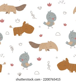 Nursery seamless pattern with jungle animals. Safari pattern. Childish pattern for fabric, wrapping, clothing, textile, wallpaper, pajamas, kids apparel, beddings. Vector