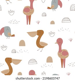 Nursery seamless pattern with jungle birds. Safari pattern. Childish pattern for fabric, wrapping, clothing, textile, wallpaper, pajamas, kids apparel, beddings. Vector