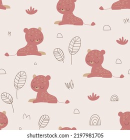 Nursery seamless pattern with leopard. Safari pattern. Childish pattern for fabric, wrapping, clothing, textile, wallpaper, pajamas, kids apparel, beddings. Vector