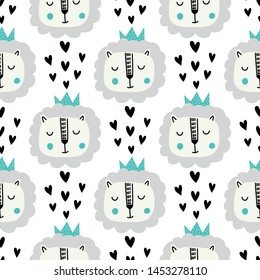 Nursery seamless pattern with lion, Scandinavian style.Vector design for wrapping paper, textile. 